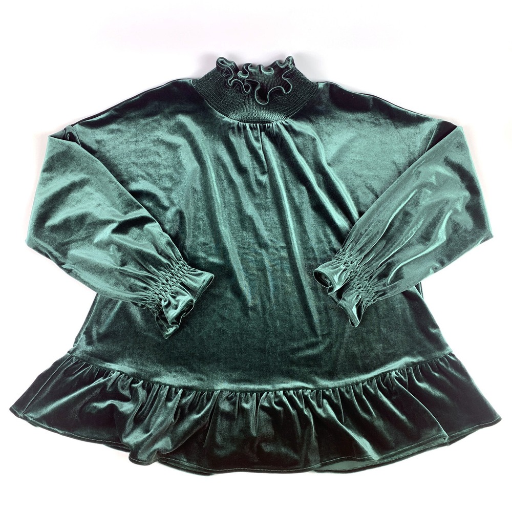 Soft Surroundings Floriana Blouse Green Velvet Sz M Smocked Neck Ruffled NWT SEE